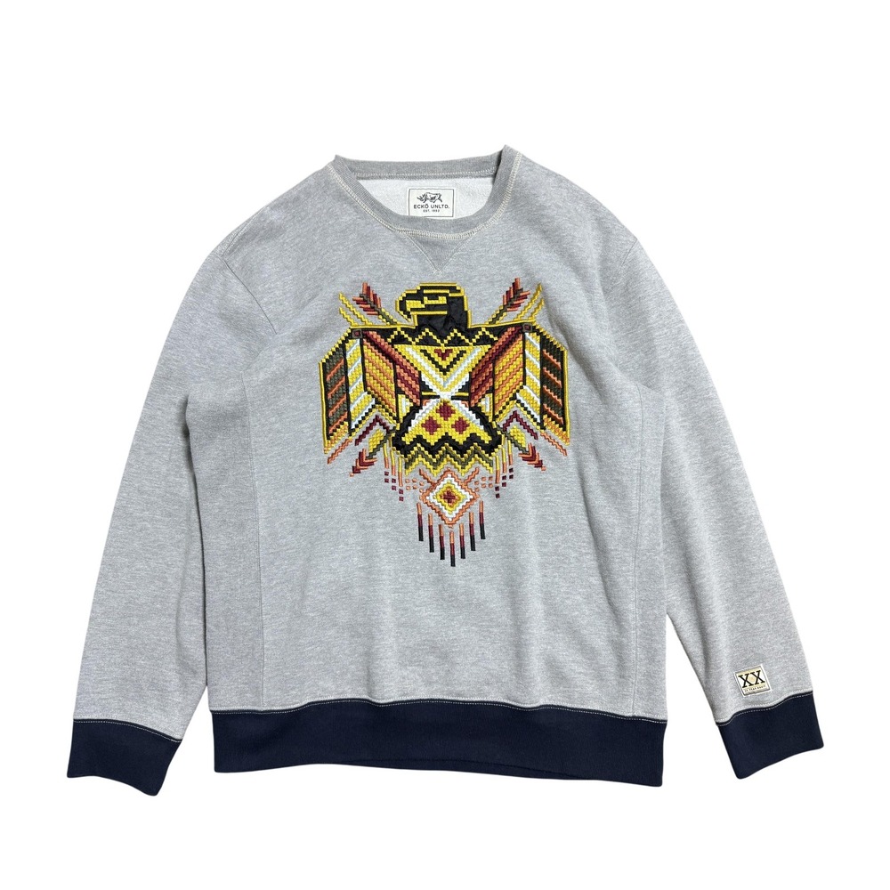 Ecko Unltd Sweatshirt Mens XL Gray Navy Crewneck Aztec Eagle Pullover